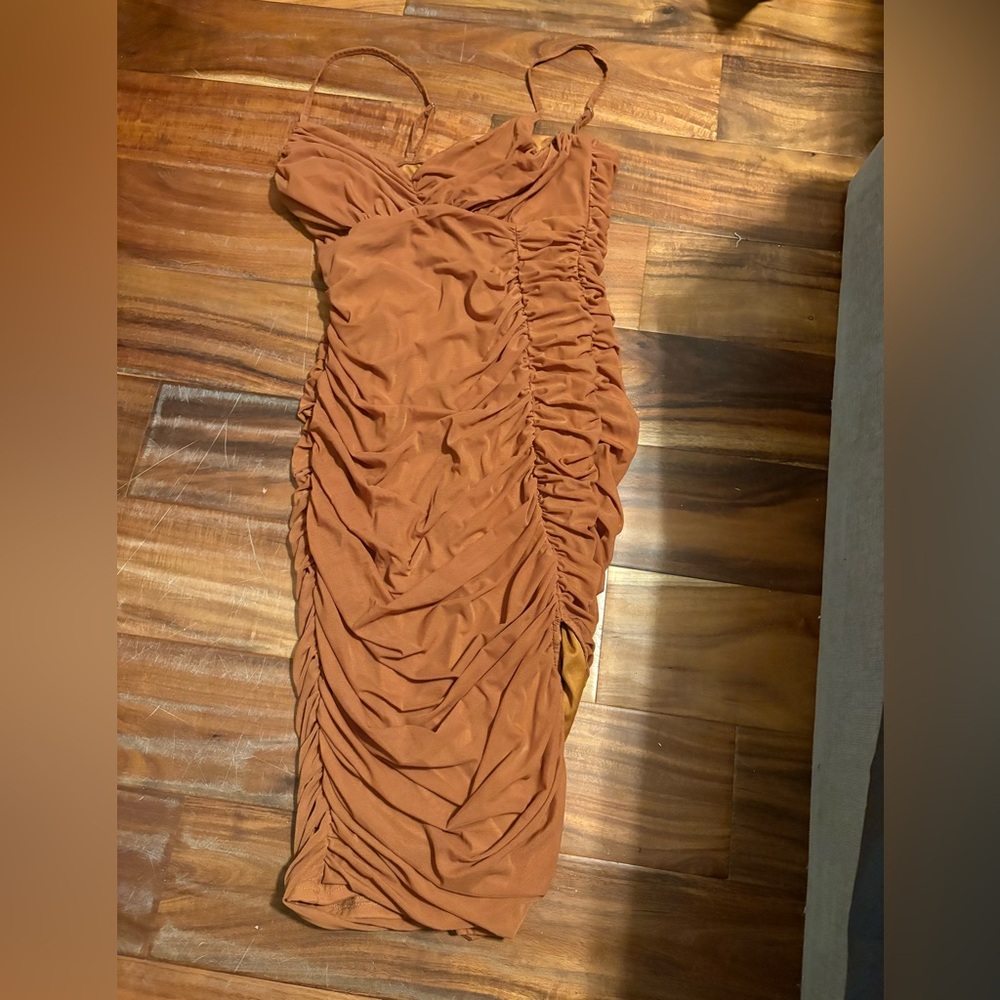 Privy Brown Ruched Bodycon Mini Dress Adjustable Straps‎ (0803)